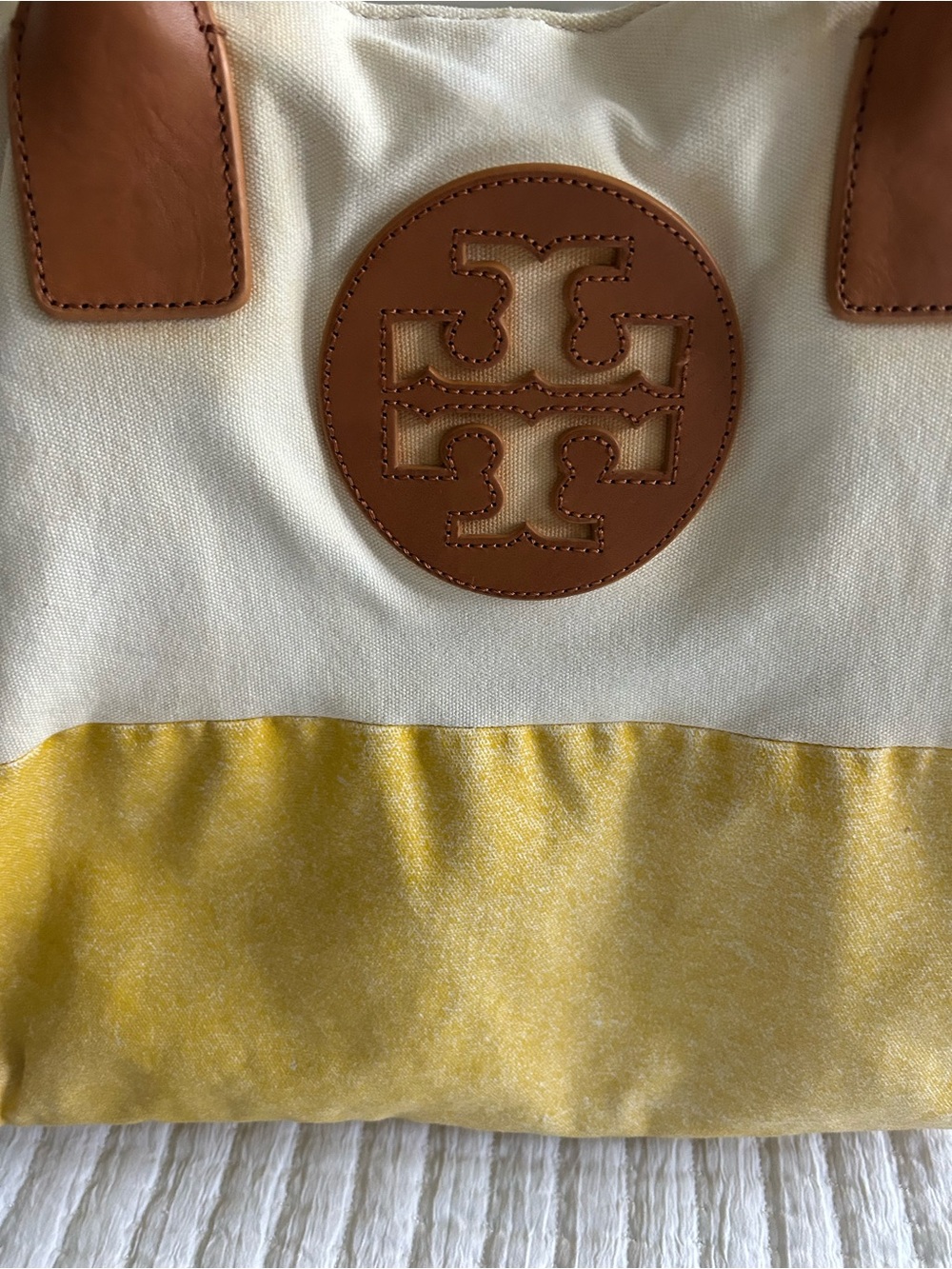 Tory Burch Two-Tone Canvas Tote in Cream, Yellow and Tan Leather - Picture 10 of 10